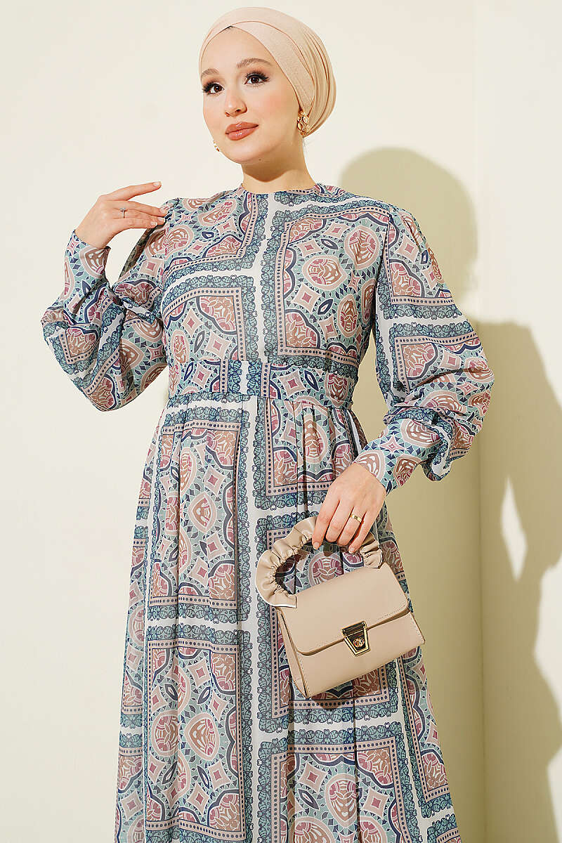 Printed Chiffon Dress with Cuff Sleeves Green - Image 2