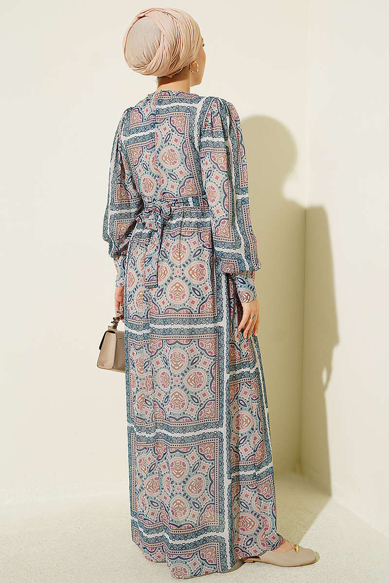 Printed Chiffon Dress with Cuff Sleeves Green - Image 3