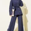 Sleeve Pleated Gold Button Two-Piece Set Navy Blue