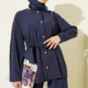 Sleeve Pleated Gold Button Two-Piece Set Navy Blue - immagine 2