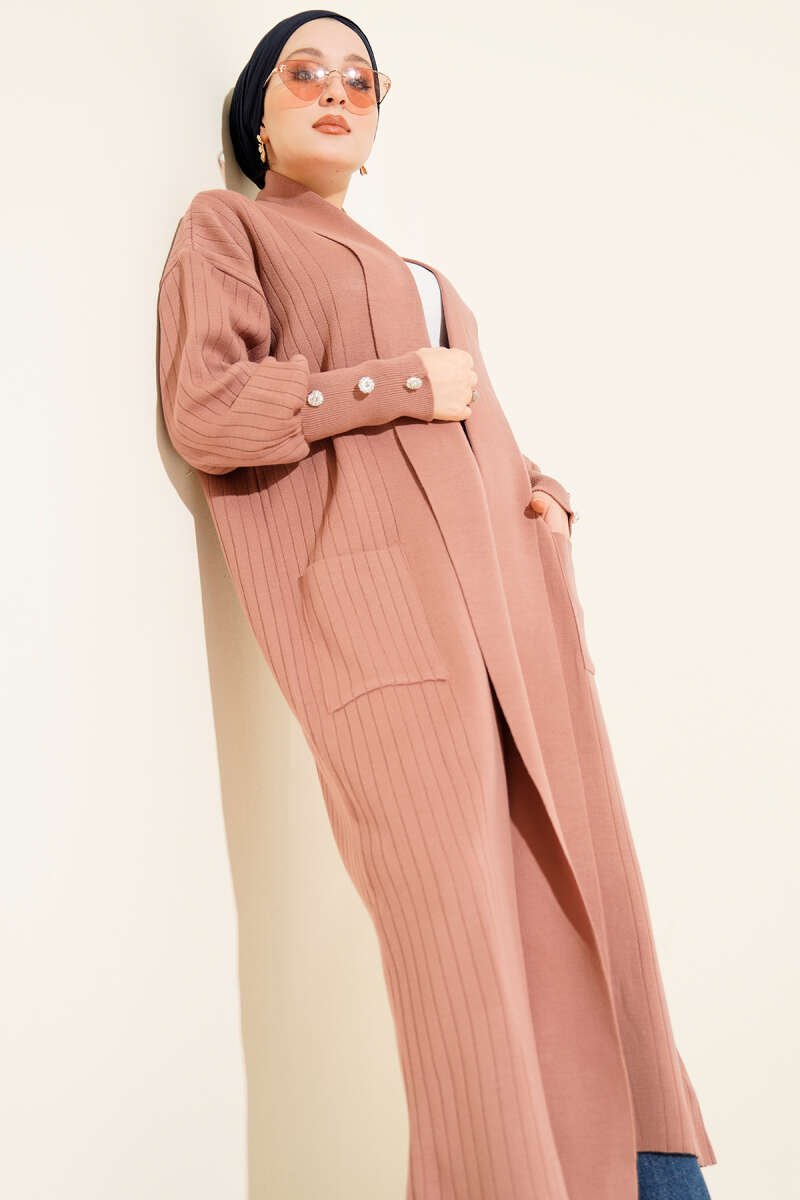 Buttoned Cuff Shawl Collar Knit Cardigan Rose Dust – Image 2
