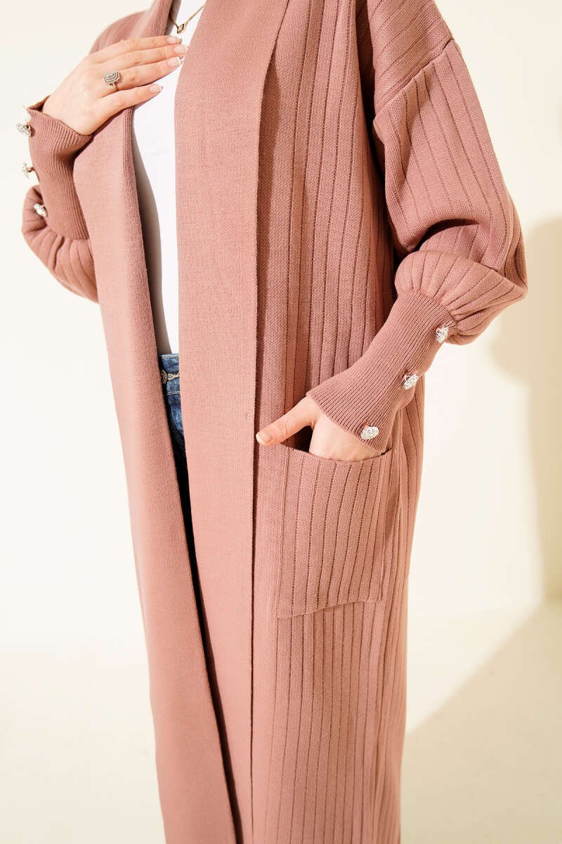 Buttoned Cuff Shawl Collar Knit Cardigan Rose Dust – Image 4