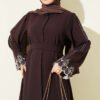 ⁦Embroidered Cuff Belted Abaya Brown⁩ - الصورة ⁦2⁩