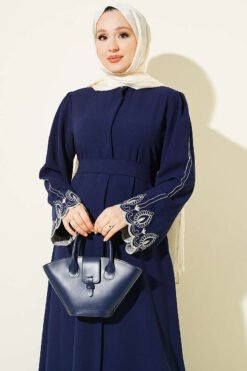 Alternative view of Embroidered Cuff Belted Abaya Navy Blue