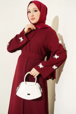 Alternatieve weergave van Dress with Butterfly Decorated Sleeves Burgundy