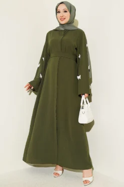 Dress with Butterfly Decorated Sleeves Khaki