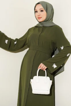Vista alternativa de Dress with Butterfly Decorated Sleeves Khaki
