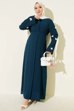 Dress with Butterfly Decorated Sleeves Petrol