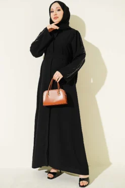 Embroidered Sleeve Crepe Abaya Black