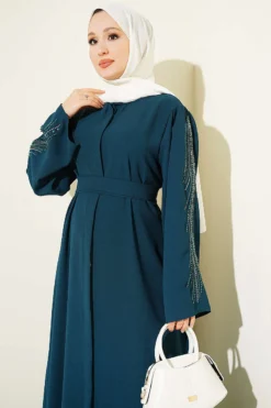 Alternatieve weergave van Embroidered Sleeve Crepe Abaya Emerald