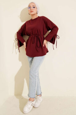 Alternative view of Lace-Up Long Sleeve French Terry Tunic Burgundy