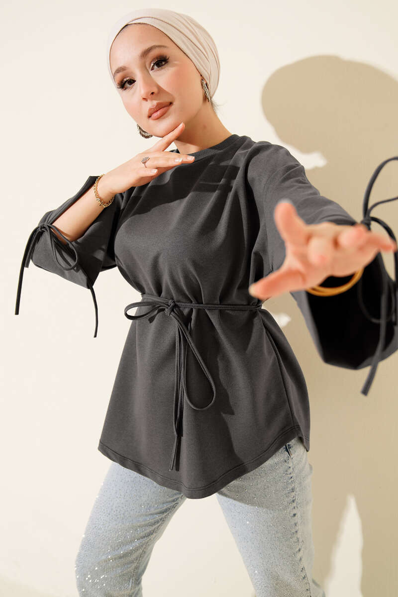 Lace-Up Long Sleeve French Terry Tunic Smoke