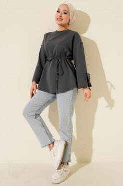 Alternative view of Lace-Up Long Sleeve French Terry Tunic Smoke
