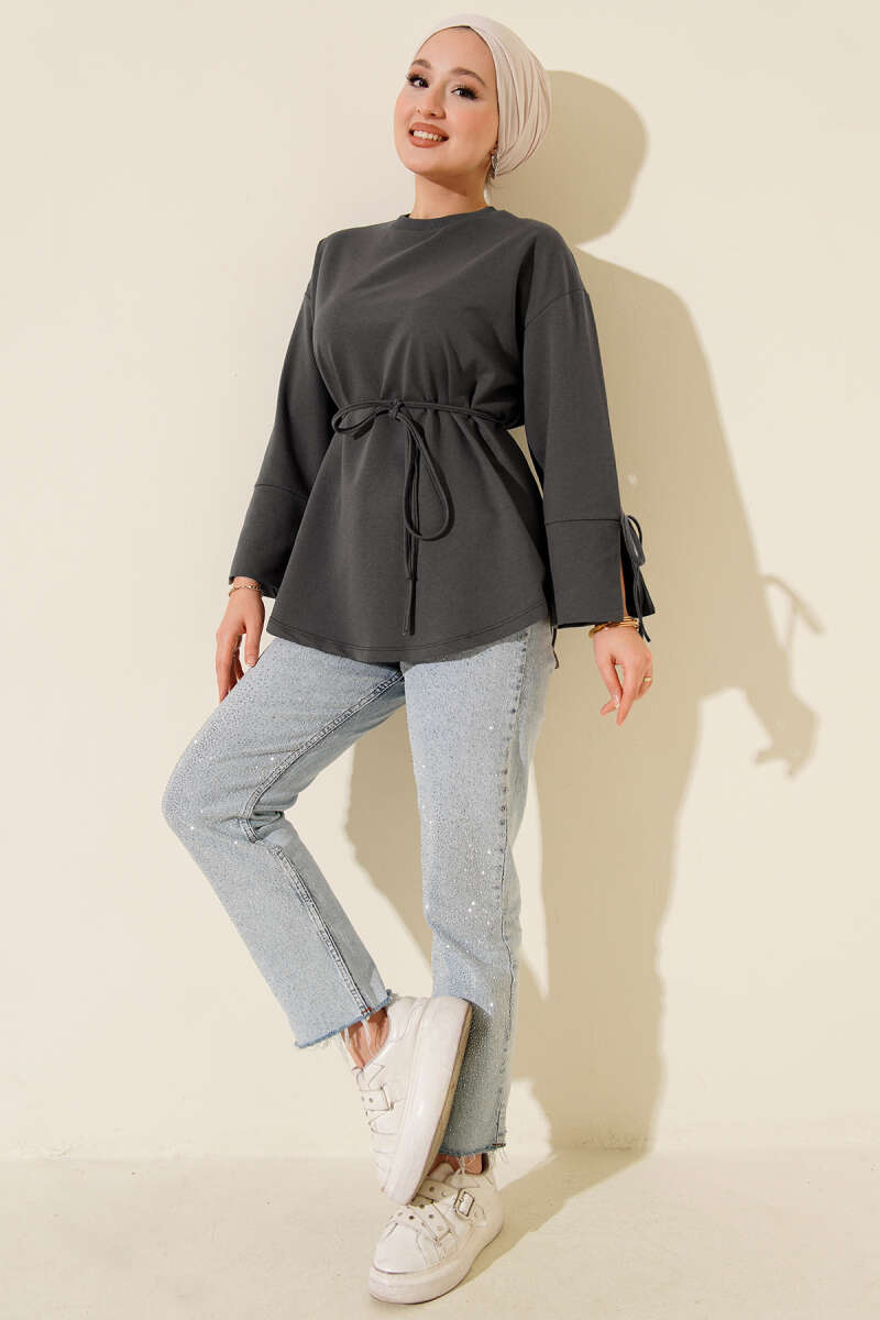 Lace-Up Long Sleeve French Terry Tunic Smoke - Image 2