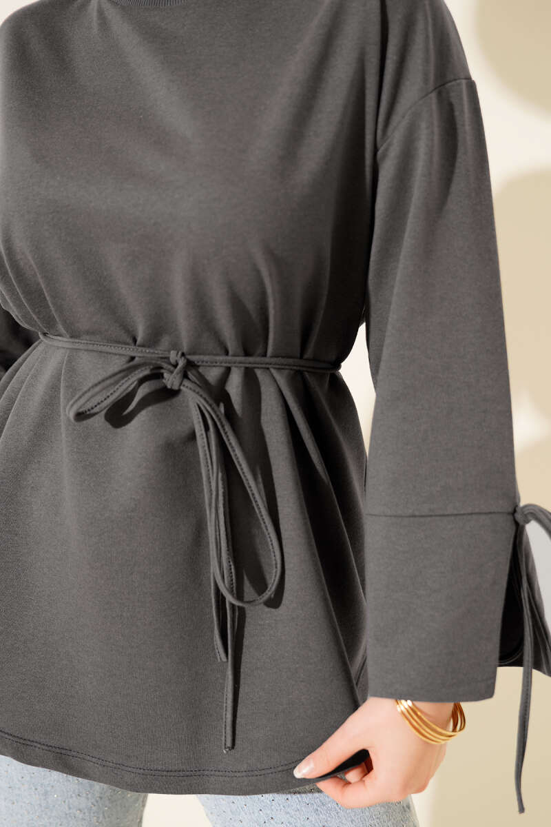 Lace-Up Long Sleeve French Terry Tunic Smoke - Image 4