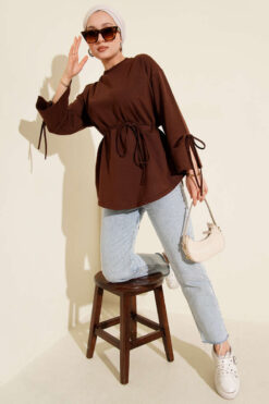 Alternative view of Lace-Up Long Sleeve French Terry Tunic Brown