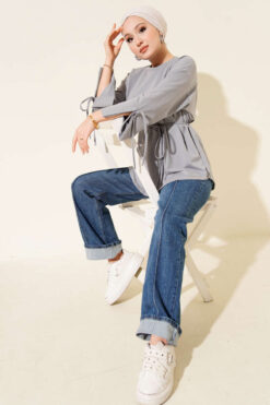 Alternative view of Lace-Up Long Sleeve French Terry Tunic Slate Grey