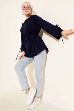 Alternative view of Lace-Up Long Sleeve French Terry Tunic Navy Blue