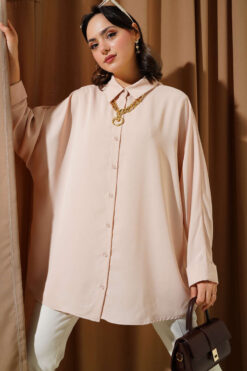 Batwing Sleeve Oversized Shirt with Necklace Beige