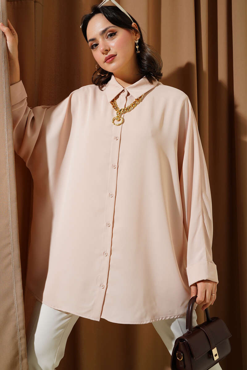 Batwing Sleeve Oversized Shirt with Necklace Beige