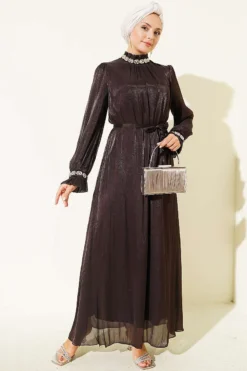 Crystal Stone Chiffon Dress Dark Brown