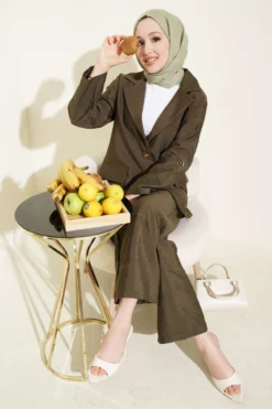 Wrap Neck Gold Button Suit Set Khaki