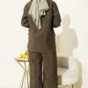 Wrap Neck Gold Button Suit Set Khaki - Imagen 3