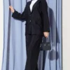 Wrap Neck Gold Button Suit Set Navy Blue