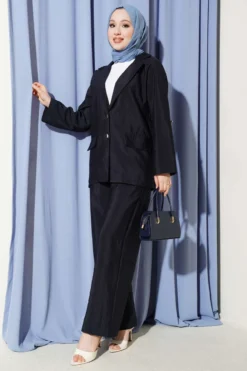 Wrap Neck Gold Button Suit Set Navy Blue