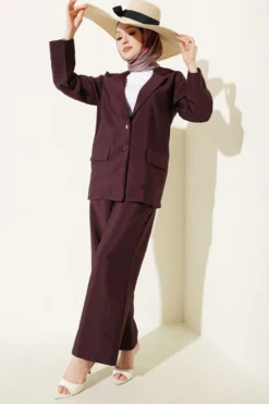 Wrap Neck Gold Button Suit Set Plum