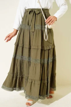 Belted Lace Skirt Khaki