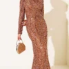 Belted Sequin Evening Dress Copper