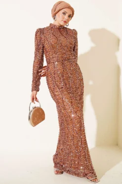 Belted Sequin Evening Dress Copper