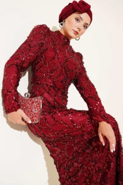 Belted Sequin Evening Dress Burgundy