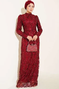 Alternatieve weergave van Belted Sequin Evening Dress Burgundy