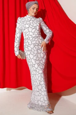 Belted Sequin Evening Dress Ecru