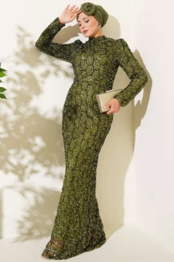 Belted Sequin Evening Dress Khaki