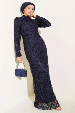 Belted Sequin Evening Dress Navy Blue