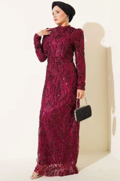 Belted Sequin Evening Dress Plum
