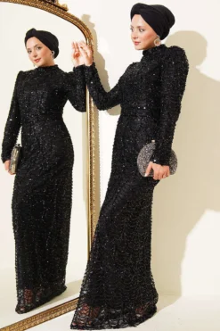 Belted Sequin Evening Dress Black