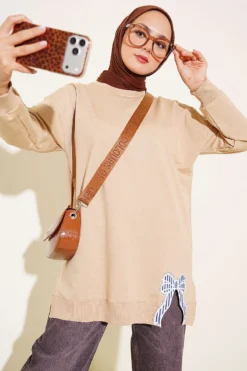 Ribbon Detail Crew Neck Tunic Beige