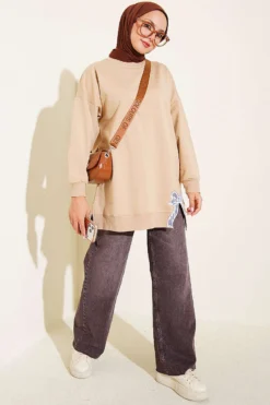 Vue alternative de Ribbon Detail Crew Neck Tunic Beige