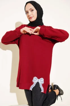Ribbon Detail Crew Neck Tunic Burgundy