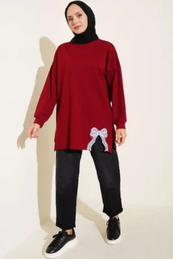 Vue alternative de Ribbon Detail Crew Neck Tunic Burgundy