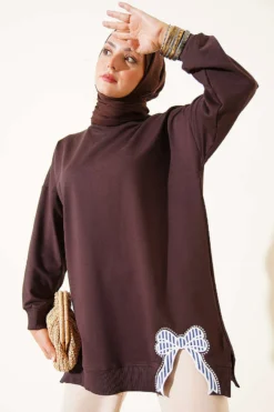Ribbon Detail Crew Neck Tunic Brown