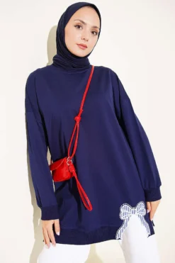 Ribbon Detail Crew Neck Tunic Navy Blue