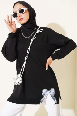 Ribbon Detail Crew Neck Tunic Black