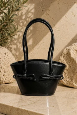 Ribbon-Detail Long Handle Women's Tote Bag Black