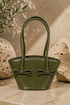 Ribbon-Detail Long Handle Women's Tote Bag Oil Green