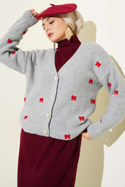 Ribbon-Embellished Knit Cardigan Grey